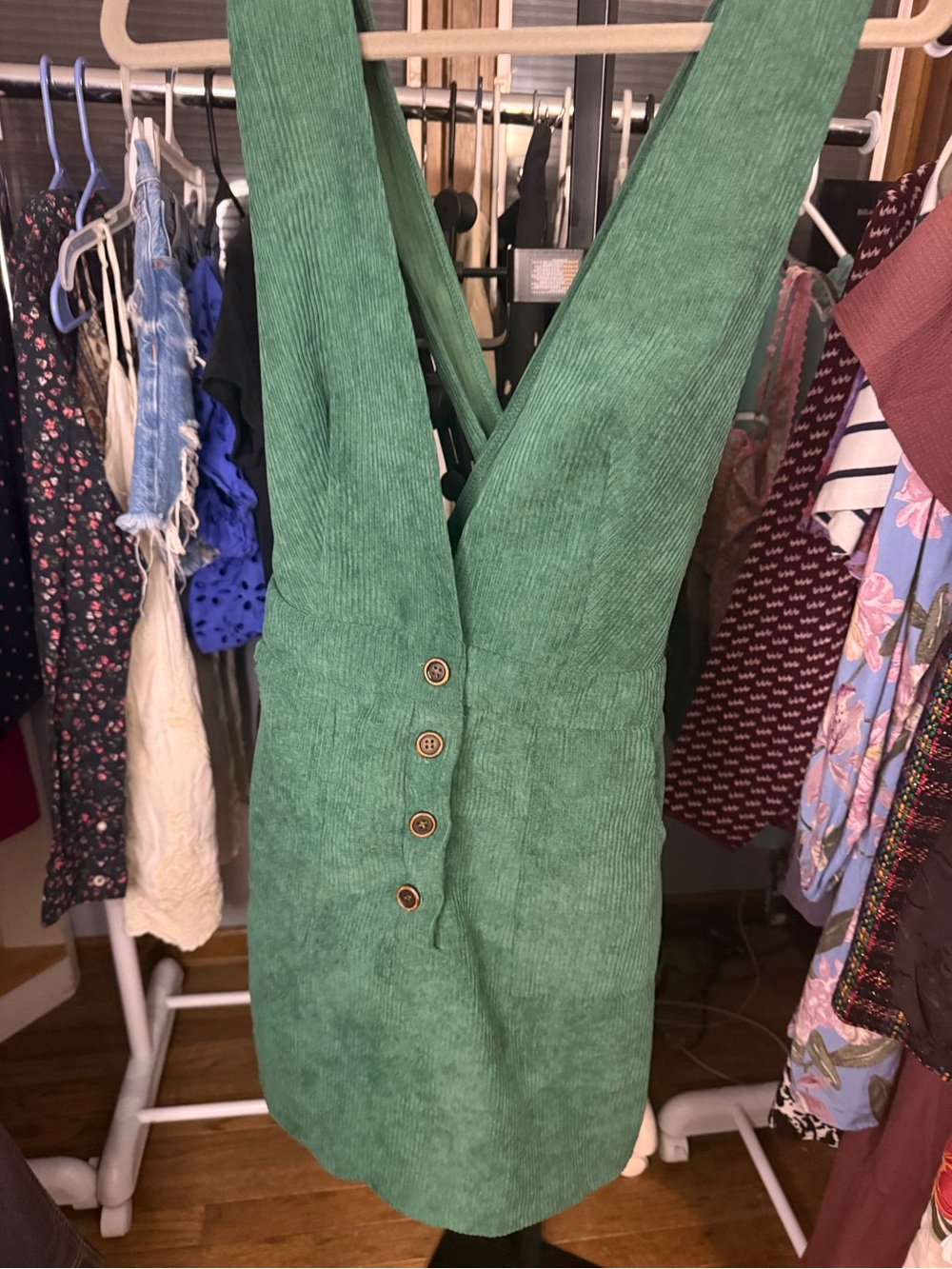 Green Corduroy Button-Front Pinafore Dress